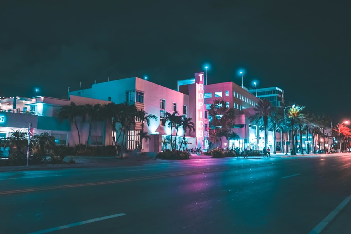 Miami nightlife — neon-lit Art Deco district at night