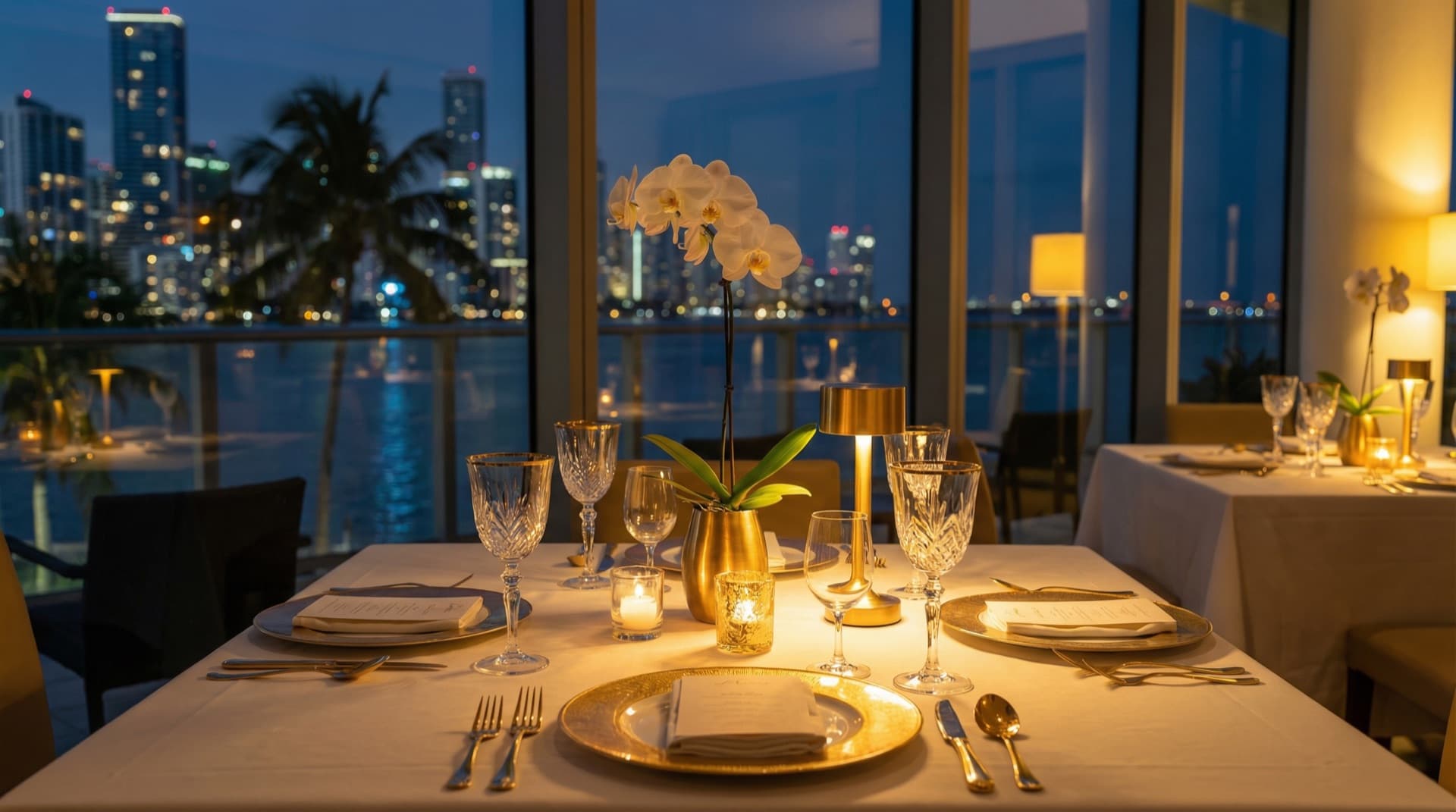 Rooftop fine dining with Miami skyline at night